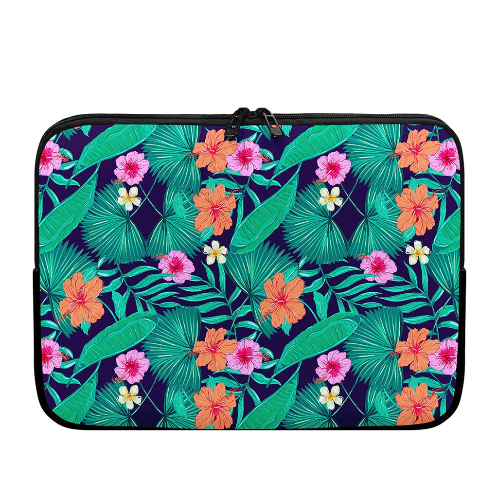 Teal Hawaiian Leaf Flower Pattern Print Laptop Sleeve