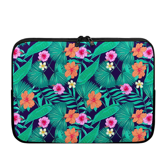 Teal Hawaiian Leaf Flower Pattern Print Laptop Sleeve