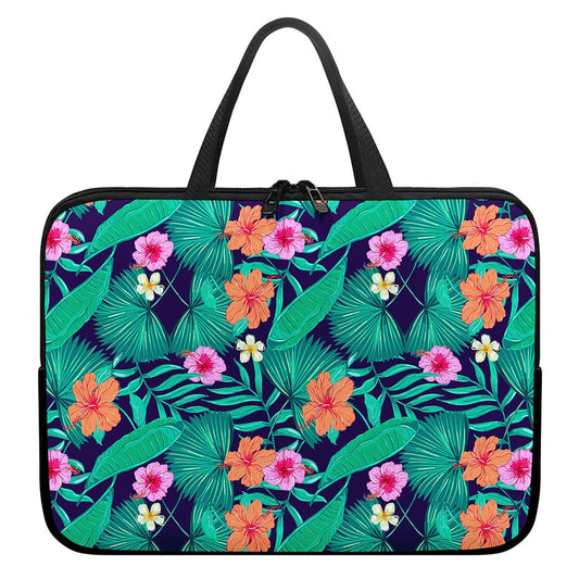 Teal Hawaiian Leaf Flower Pattern Print Laptop Sleeve With Handle