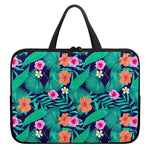 Teal Hawaiian Leaf Flower Pattern Print Laptop Sleeve With Handle