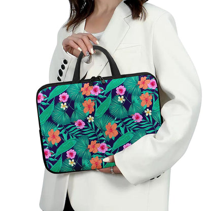 Teal Hawaiian Leaf Flower Pattern Print Laptop Sleeve With Handle