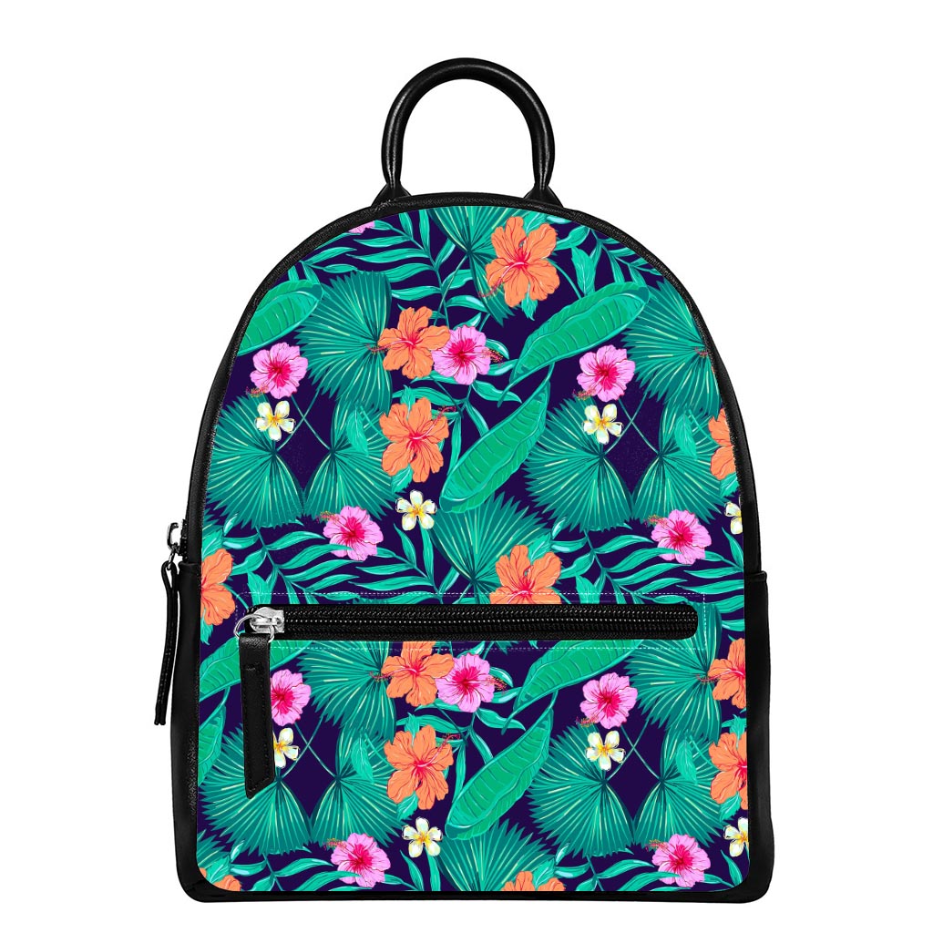 Teal Hawaiian Leaf Flower Pattern Print Leather Backpack