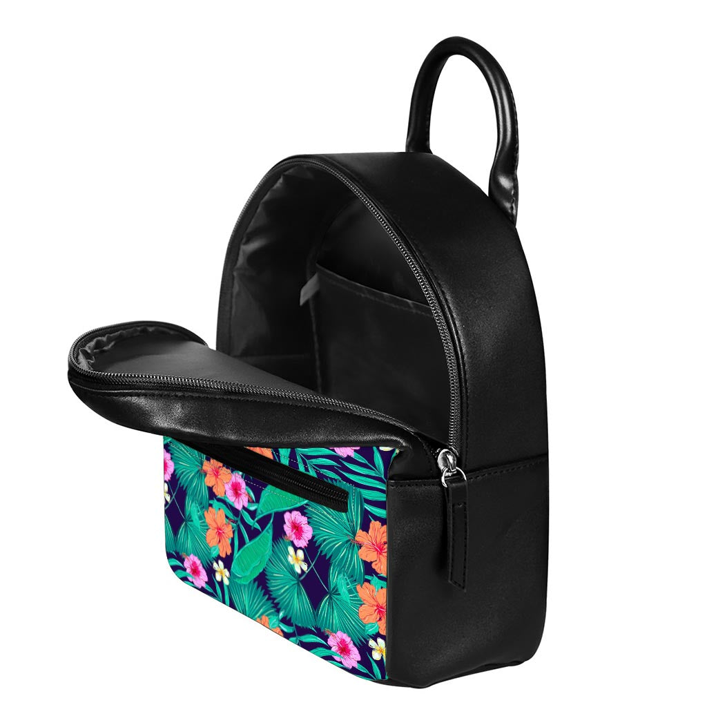 Teal Hawaiian Leaf Flower Pattern Print Leather Backpack