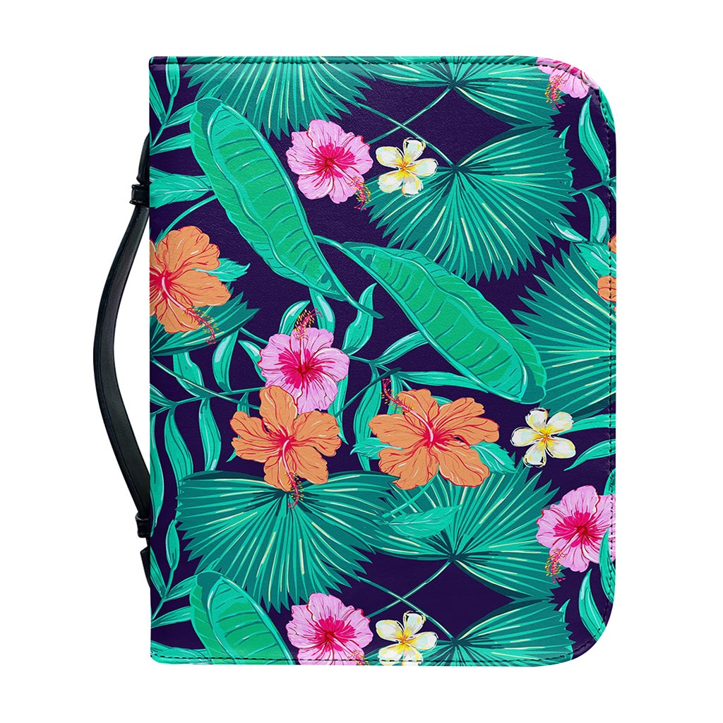 Teal Hawaiian Leaf Flower Pattern Print Leather Bible Cover