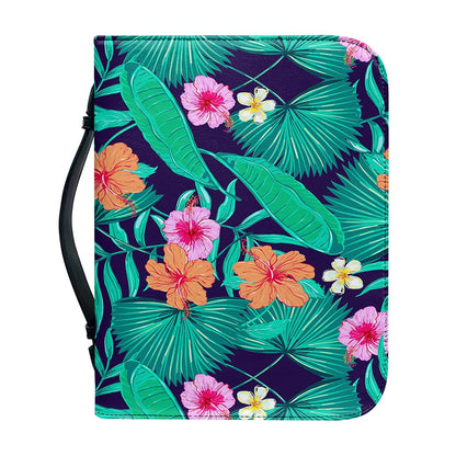 Teal Hawaiian Leaf Flower Pattern Print Leather Bible Cover