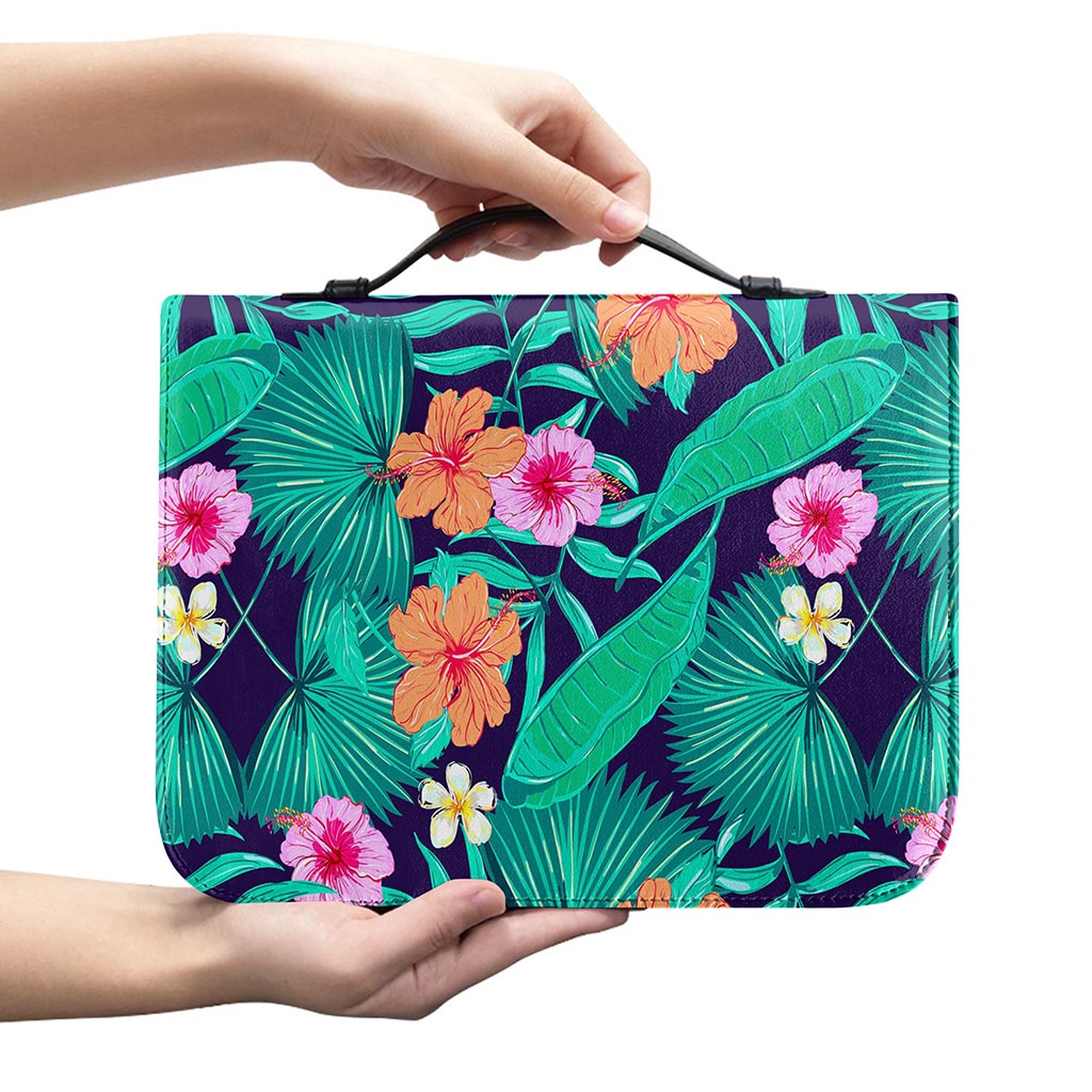 Teal Hawaiian Leaf Flower Pattern Print Leather Bible Cover