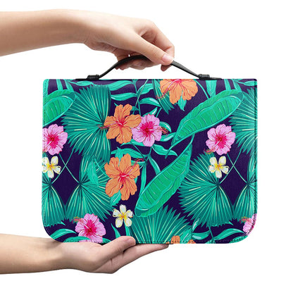 Teal Hawaiian Leaf Flower Pattern Print Leather Bible Cover