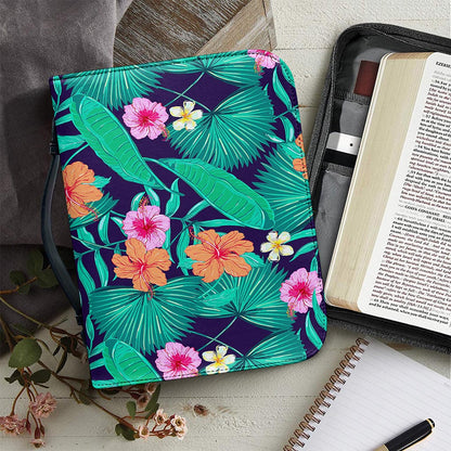 Teal Hawaiian Leaf Flower Pattern Print Leather Bible Cover