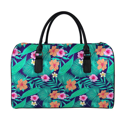 Teal Hawaiian Leaf Flower Pattern Print Leather Duffle Bag