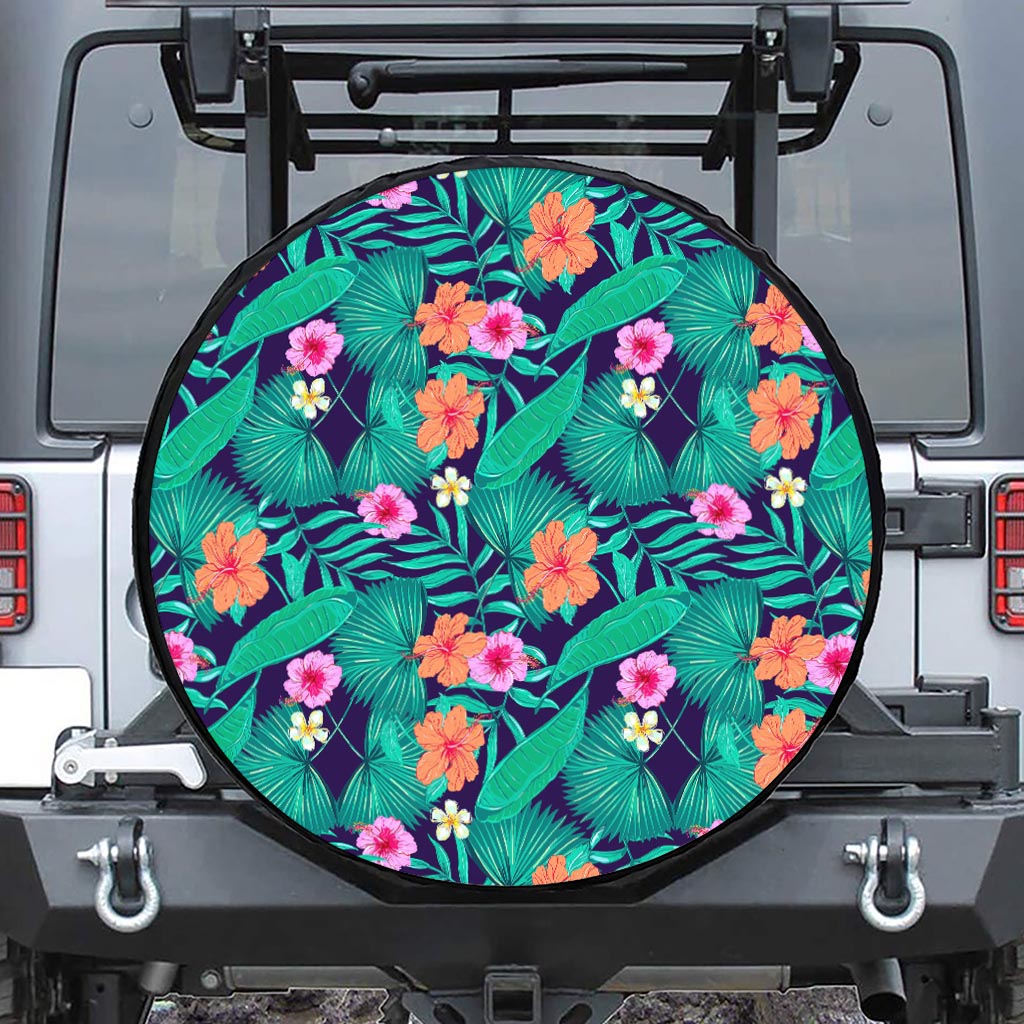 Teal Hawaiian Leaf Flower Pattern Print Leather Spare Tire Cover