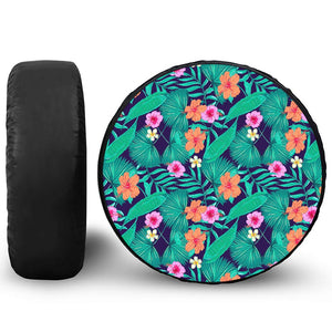 Teal Hawaiian Leaf Flower Pattern Print Leather Spare Tire Cover