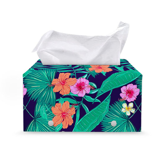 Teal Hawaiian Leaf Flower Pattern Print Leather Tissue Box Cover