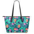 Teal Hawaiian Leaf Flower Pattern Print Leather Tote Bag With Zipper