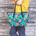 Teal Hawaiian Leaf Flower Pattern Print Leather Tote Bag