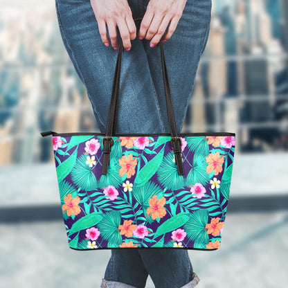Teal Hawaiian Leaf Flower Pattern Print Leather Tote Bag