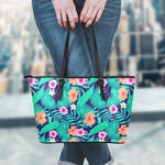 Teal Hawaiian Leaf Flower Pattern Print Leather Tote Bag
