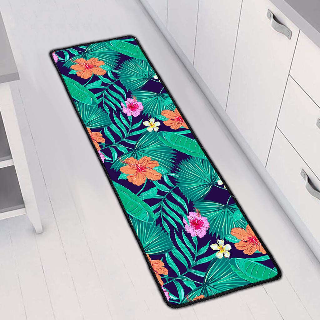 Teal Hawaiian Leaf Flower Pattern Print Long Kitchen Mat