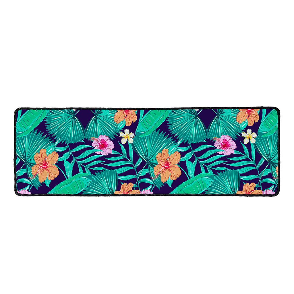 Teal Hawaiian Leaf Flower Pattern Print Long Kitchen Mat