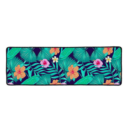 Teal Hawaiian Leaf Flower Pattern Print Long Kitchen Mat