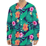 Teal Hawaiian Leaf Flower Pattern Print Long Sleeve Baseball Jersey