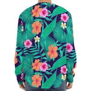 Teal Hawaiian Leaf Flower Pattern Print Long Sleeve Baseball Jersey