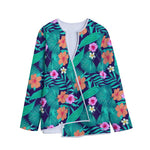 Teal Hawaiian Leaf Flower Pattern Print Long Sleeve Short Coat