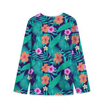 Teal Hawaiian Leaf Flower Pattern Print Long Sleeve Short Coat