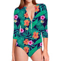 Teal Hawaiian Leaf Flower Pattern Print Long Sleeve Swimsuit