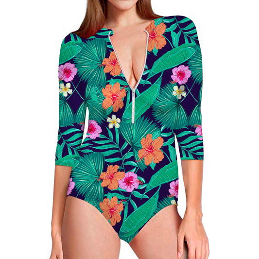 Teal Hawaiian Leaf Flower Pattern Print Long Sleeve Swimsuit