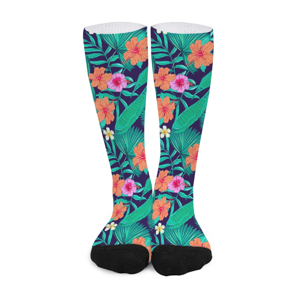 Teal Hawaiian Leaf Flower Pattern Print Long Socks