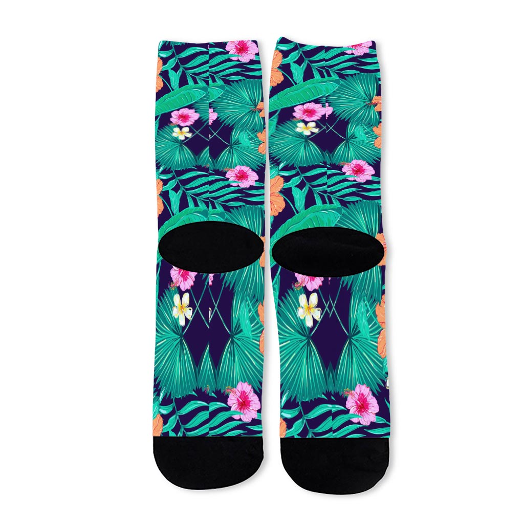 Teal Hawaiian Leaf Flower Pattern Print Long Socks