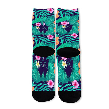 Teal Hawaiian Leaf Flower Pattern Print Long Socks