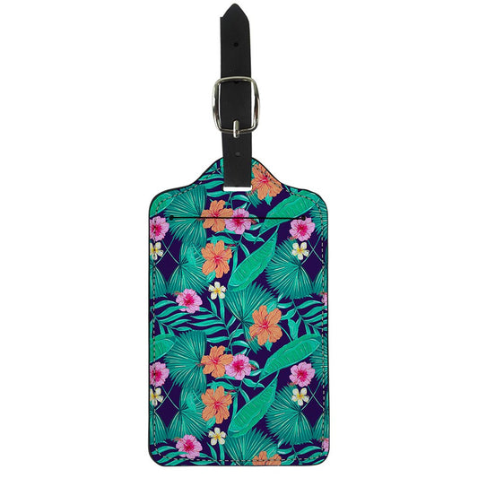 Teal Hawaiian Leaf Flower Pattern Print Luggage Tag