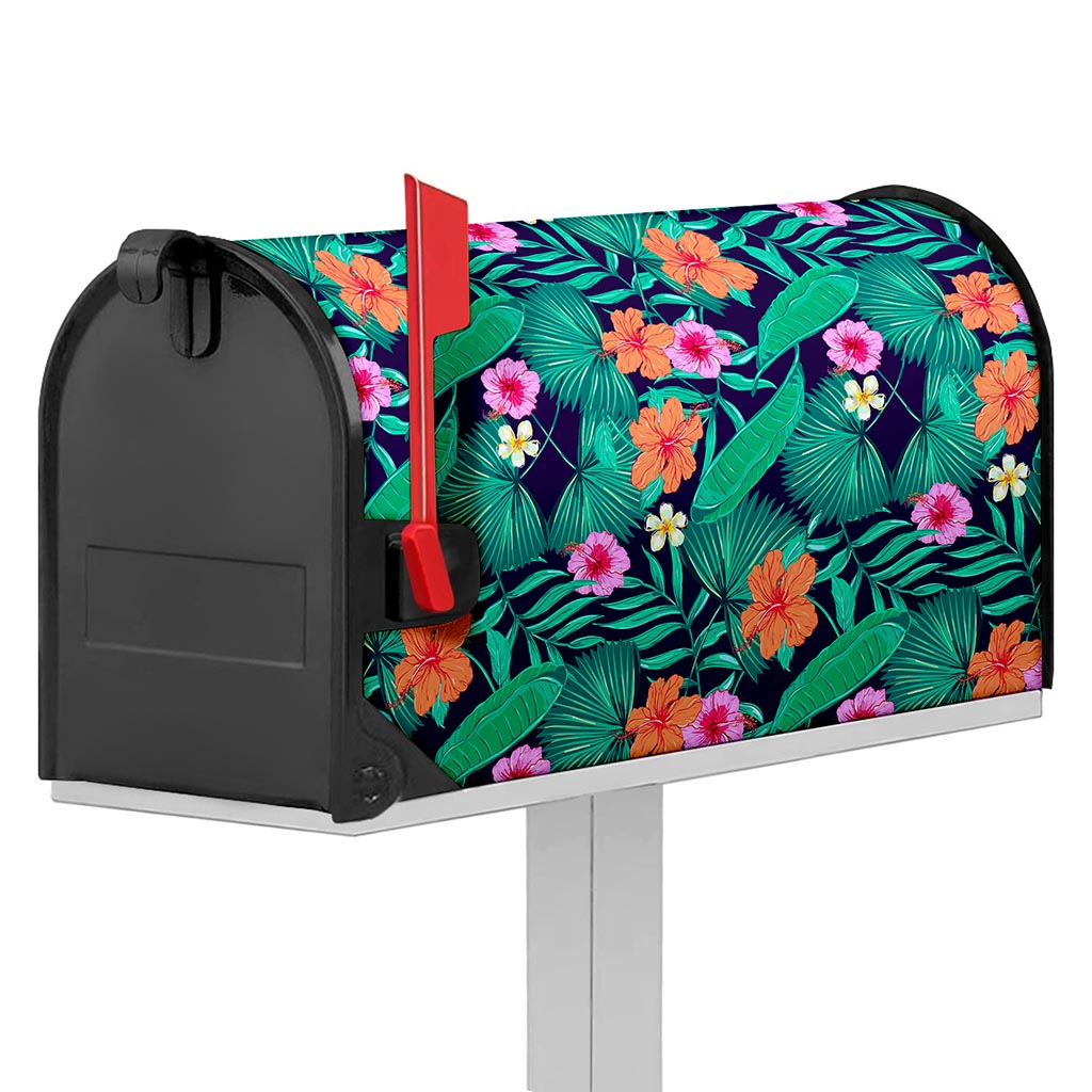 Teal Hawaiian Leaf Flower Pattern Print Mailbox Cover