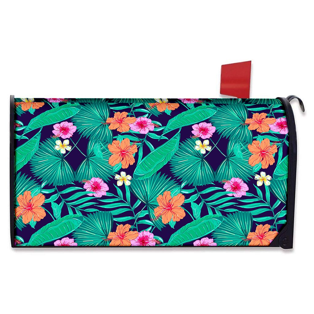 Teal Hawaiian Leaf Flower Pattern Print Mailbox Cover