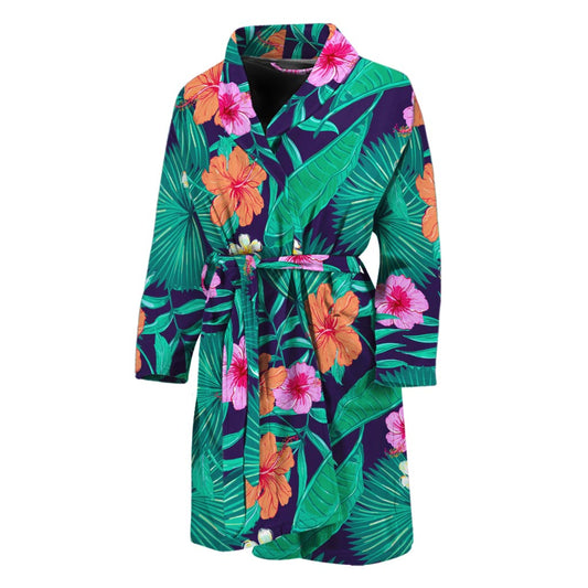 Teal Hawaiian Leaf Flower Pattern Print Men's Bathrobe