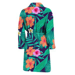 Teal Hawaiian Leaf Flower Pattern Print Men's Bathrobe