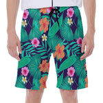 Teal Hawaiian Leaf Flower Pattern Print Men's Beach Shorts