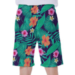 Teal Hawaiian Leaf Flower Pattern Print Men's Beach Shorts