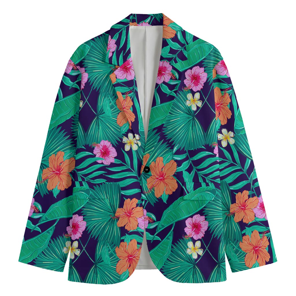 Teal Hawaiian Leaf Flower Pattern Print Men's Blazer