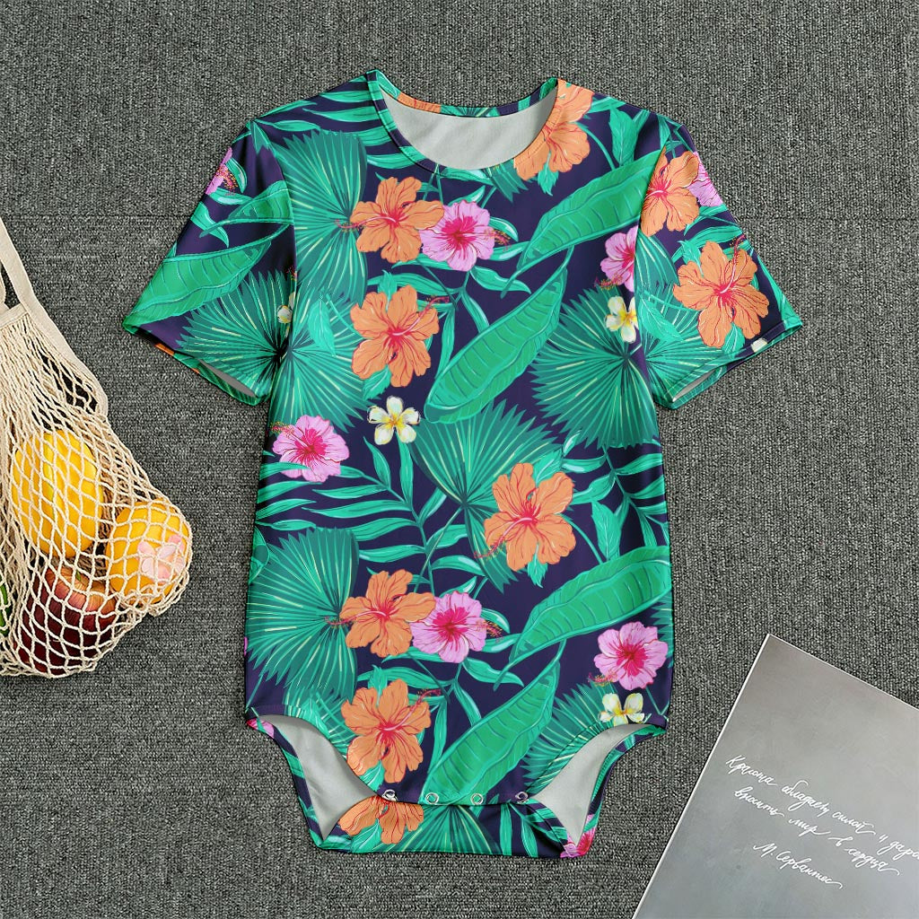 Teal Hawaiian Leaf Flower Pattern Print Men's Bodysuit