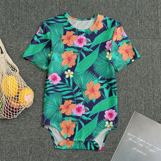 Teal Hawaiian Leaf Flower Pattern Print Men's Bodysuit