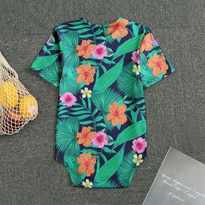 Teal Hawaiian Leaf Flower Pattern Print Men's Bodysuit