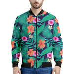 Teal Hawaiian Leaf Flower Pattern Print Men's Bomber Jacket