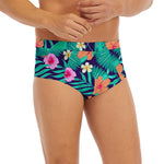 Teal Hawaiian Leaf Flower Pattern Print Men's Briefs