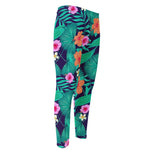 Teal Hawaiian Leaf Flower Pattern Print Men's Compression Pants