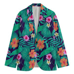 Teal Hawaiian Leaf Flower Pattern Print Men's Cotton Blazer