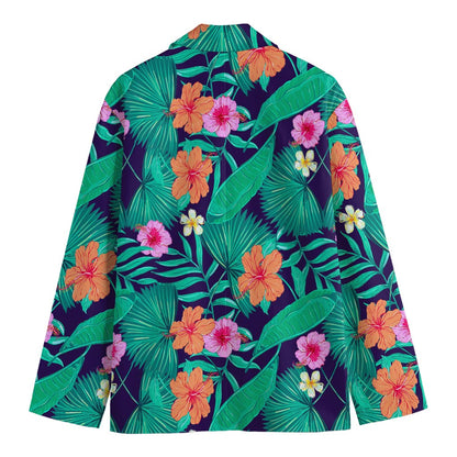 Teal Hawaiian Leaf Flower Pattern Print Men's Cotton Blazer