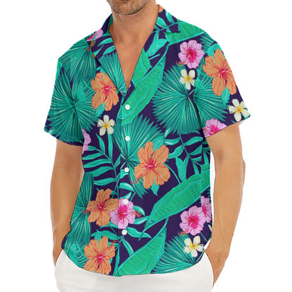 Teal Hawaiian Leaf Flower Pattern Print Men's Deep V-Neck Shirt