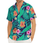 Teal Hawaiian Leaf Flower Pattern Print Men's Deep V-Neck Shirt